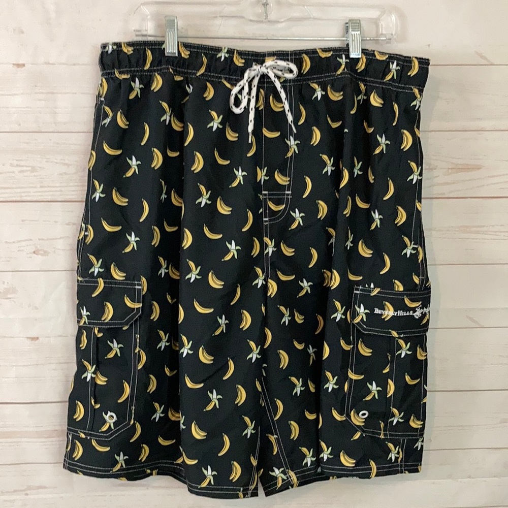Beverly Hills Polo Club Sz M Black Banana Prnt Swim Trunks Board Shorts